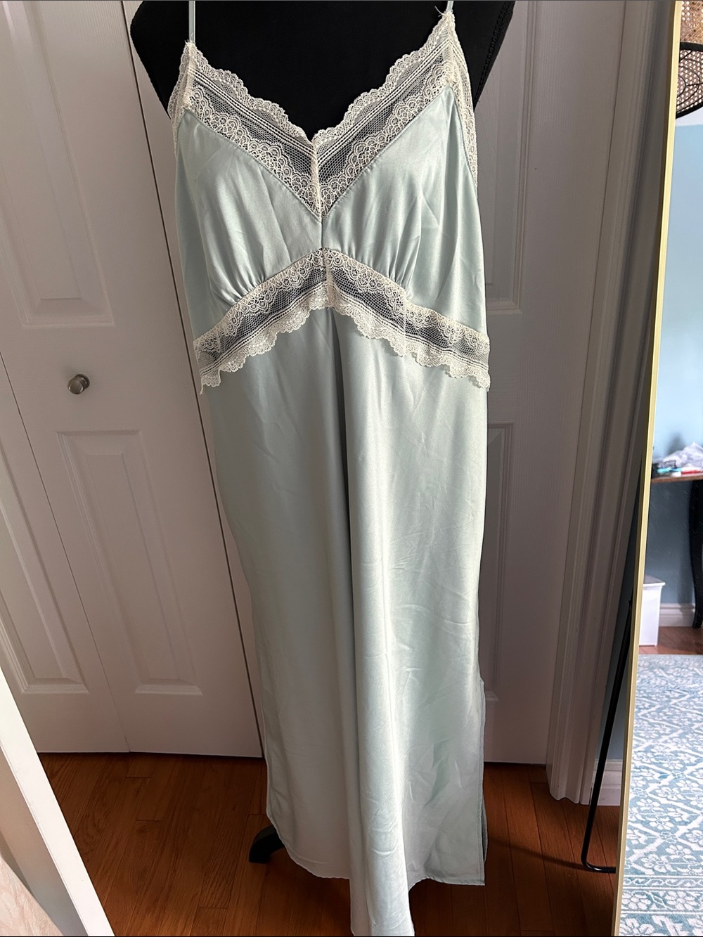 Primark Pale Mint Satin Chemise with Cream Lace Trim